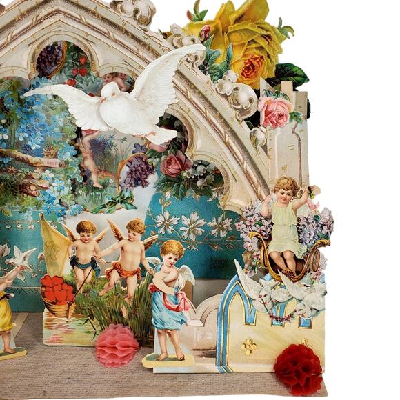 Victorian Antique Vintage Germany Diecut Fold Out Garden Scene Valentines Card - Picture 6 of 16